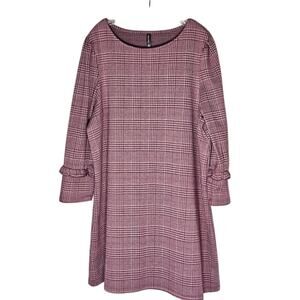 Massini Houndstooth 3/4 Sleeve Sheath Dress 1X Retro Purple Plaid Ruffle Sleeve